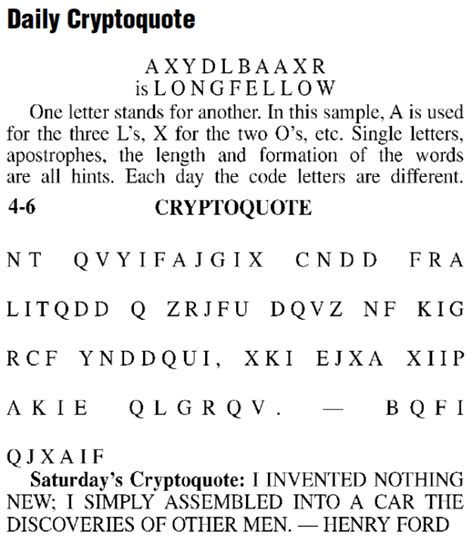 Jul 31, 2023 · Cryptoquote Answer for 07/22/2023. AQ IMJFQA XF KQZJ….. (Please refer to your newspaper for complete puzzle.) 